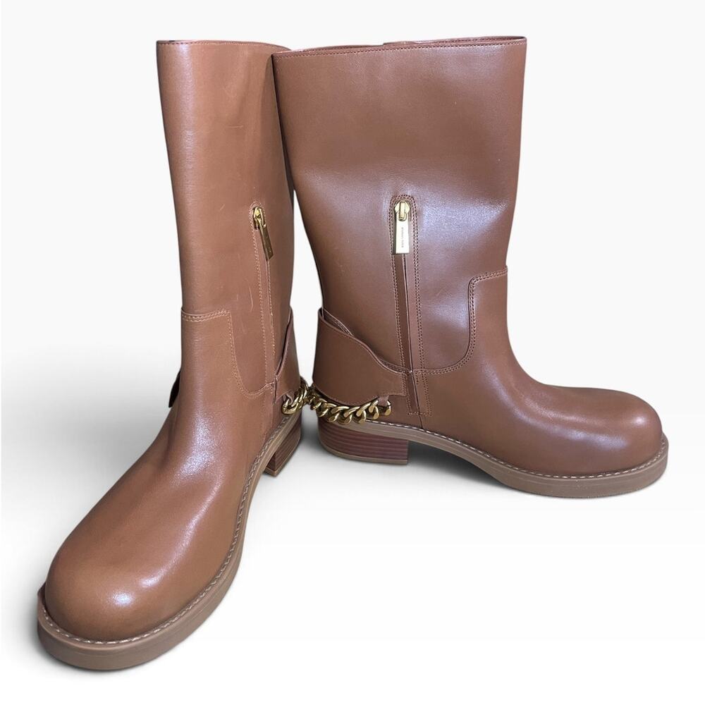 Michael Kors Women's Cayden Leather Boots with Gold Chains Brown Size 8.5M NIB